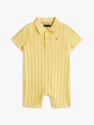 Babies' Cable Knit Polo Shortall, Sunshine