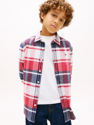 Kids' Plaid Stretch Oxford Shirt, Primary Red
