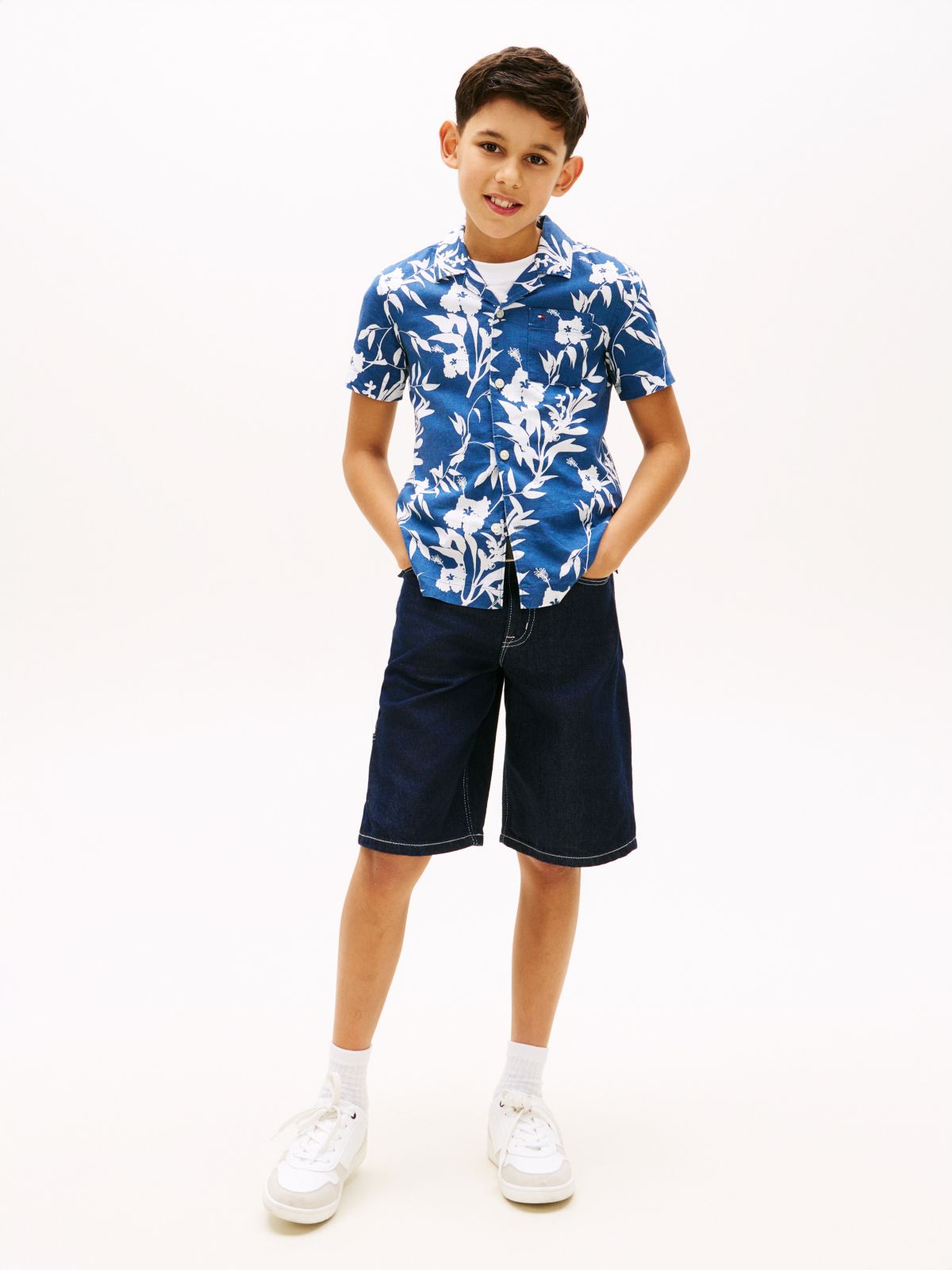 Kids' Linen-Cotton Blend Floral Shirt — Indigo Blue