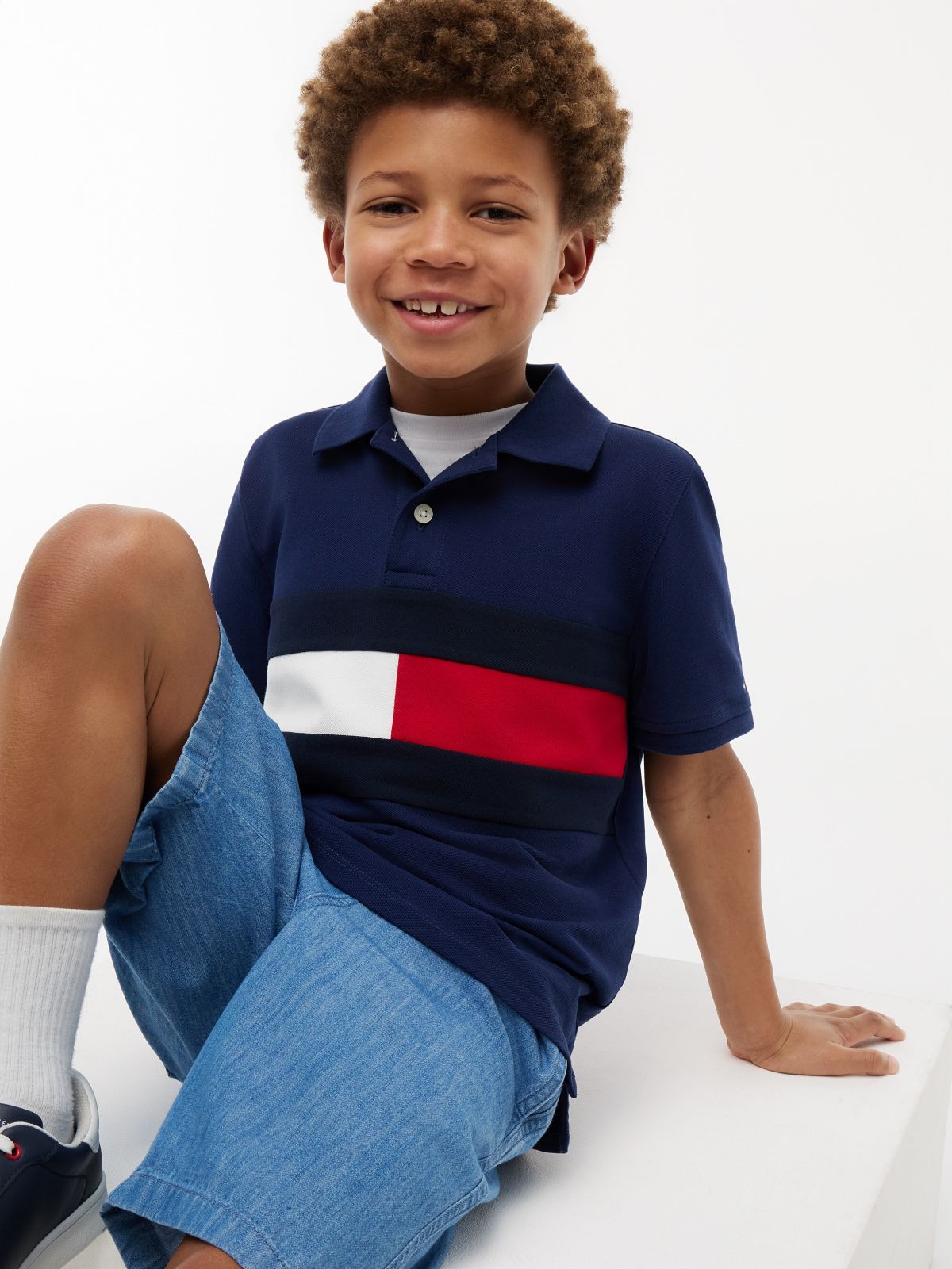 Kids' Colorblock Flag Stretch Polo — Preppy Navy