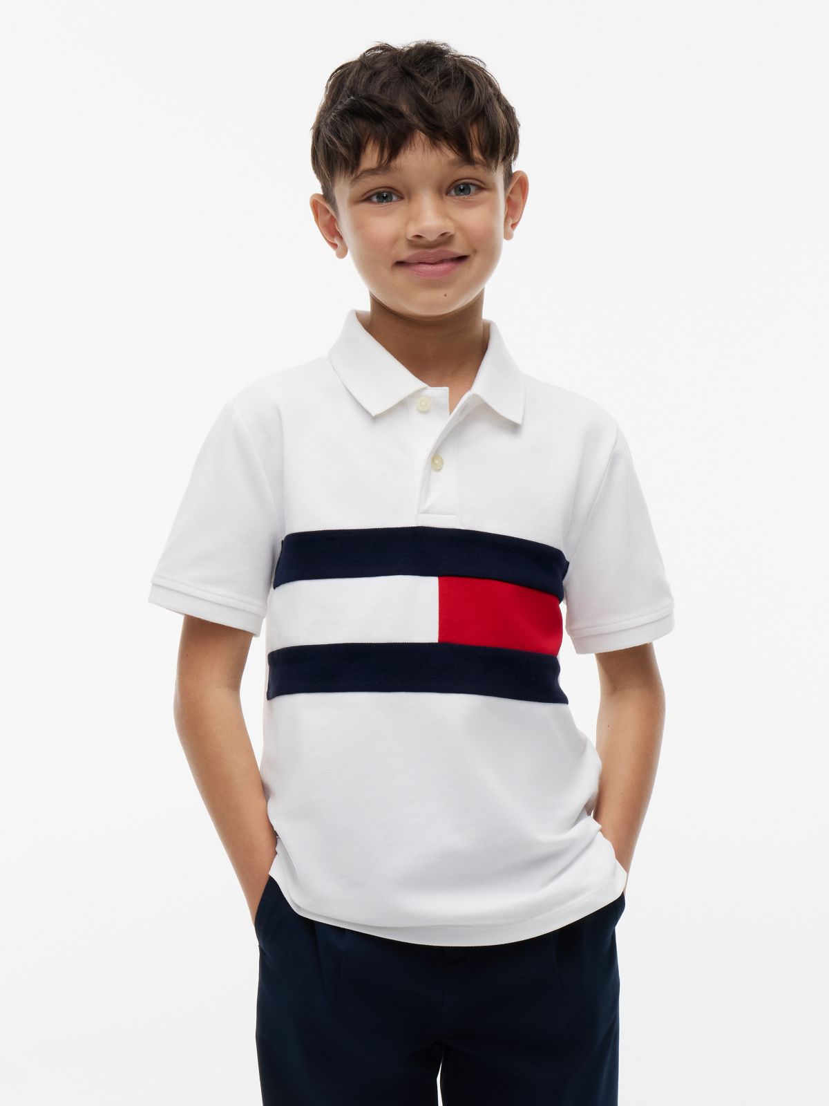 Kids' Colorblock Flag Stretch Polo — Optic White