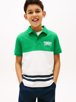 Kids' Tommy Logo Colorblock Stretch Polo, Olympic Green