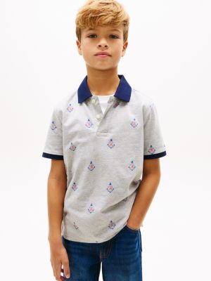 Kids' Allover Nautical Logo Stretch Polo, Grey Heather
