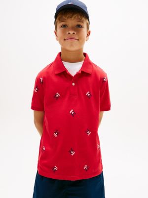 Kids' Allover Monogram Logo Stretch Polo, Primary Red