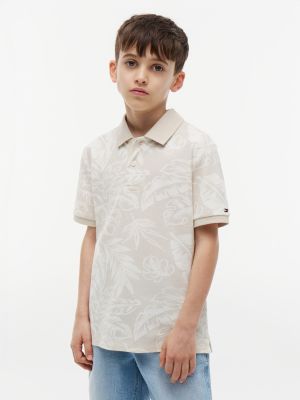 Kids' Tropical Print Stretch Polo, Classic Beige