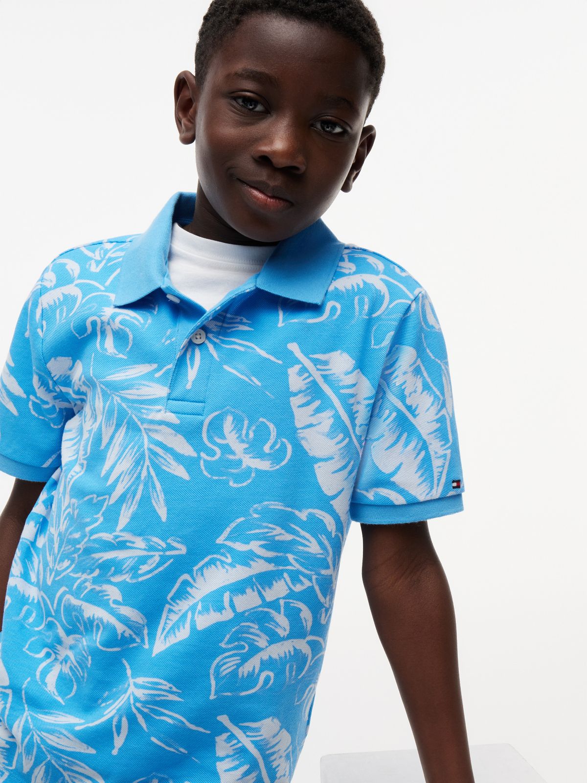 Kids' Tropical Print Stretch Polo — Frigid Blue