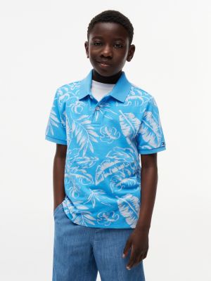 Kids' Tropical Print Stretch Polo, Frigid Blue