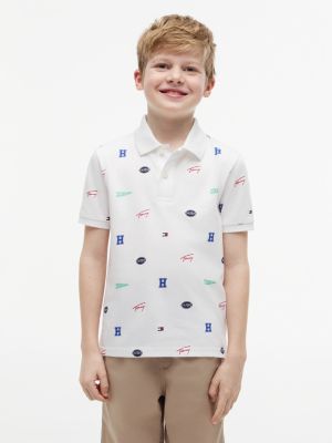 Kids' Allover Mixed Logo Stretch Polo, Optic White