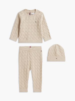 Babies' Sweater & Pant with Beanie Set, Dark Beige