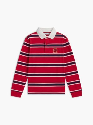 Детское поло Tommy Hilfiger Crest Logo Striped Rugby Polo, цвет: Средний красный — фото 5