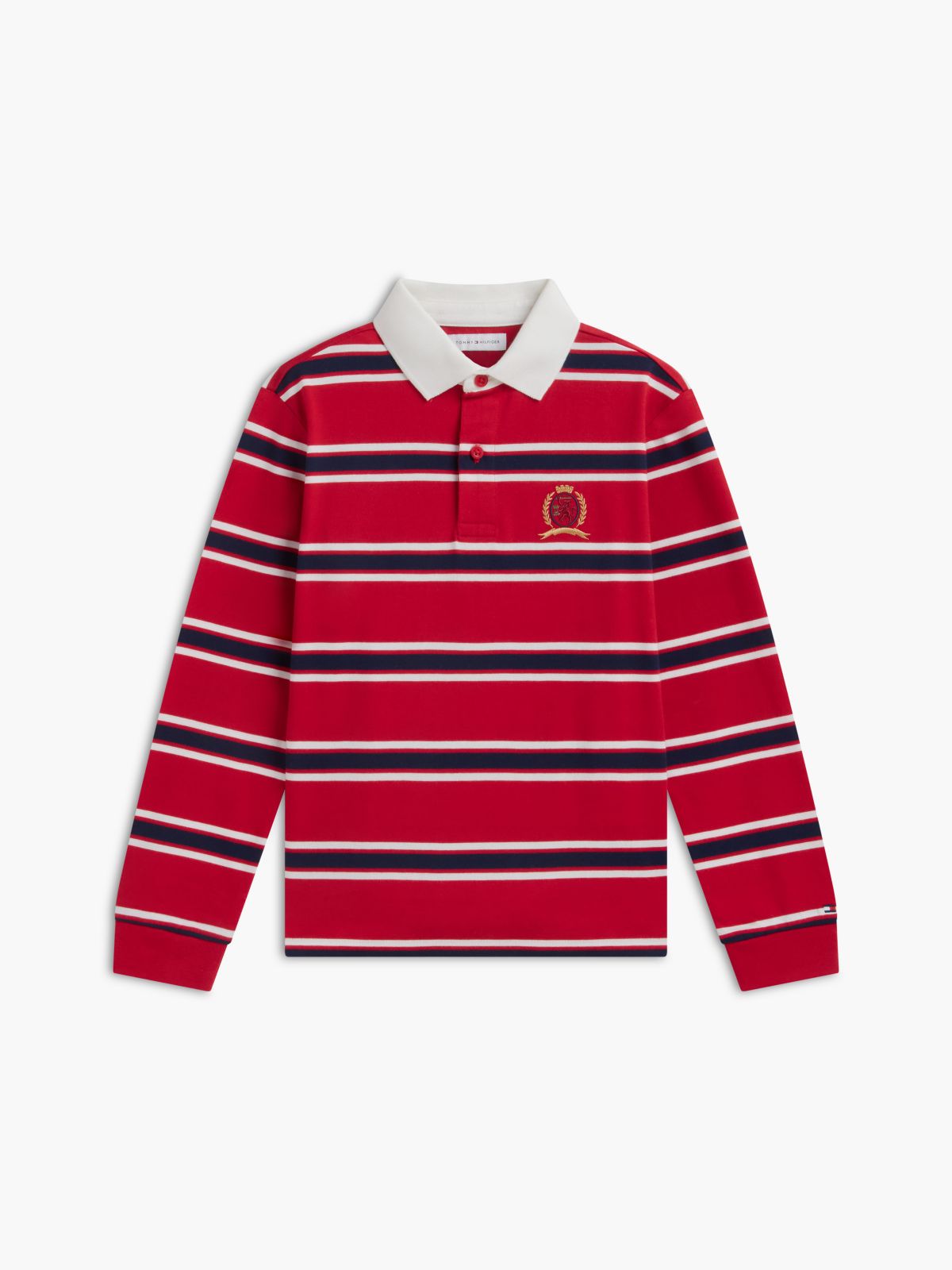 Kids' Crest Logo Striped Rugby Polo — Medium Red