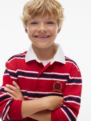 Детское поло Tommy Hilfiger Crest Logo Striped Rugby Polo, цвет: Средний красный — фото 3