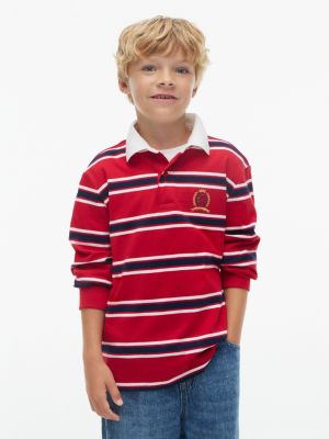 Kids' Crest Logo Striped Rugby Polo, Medium Red