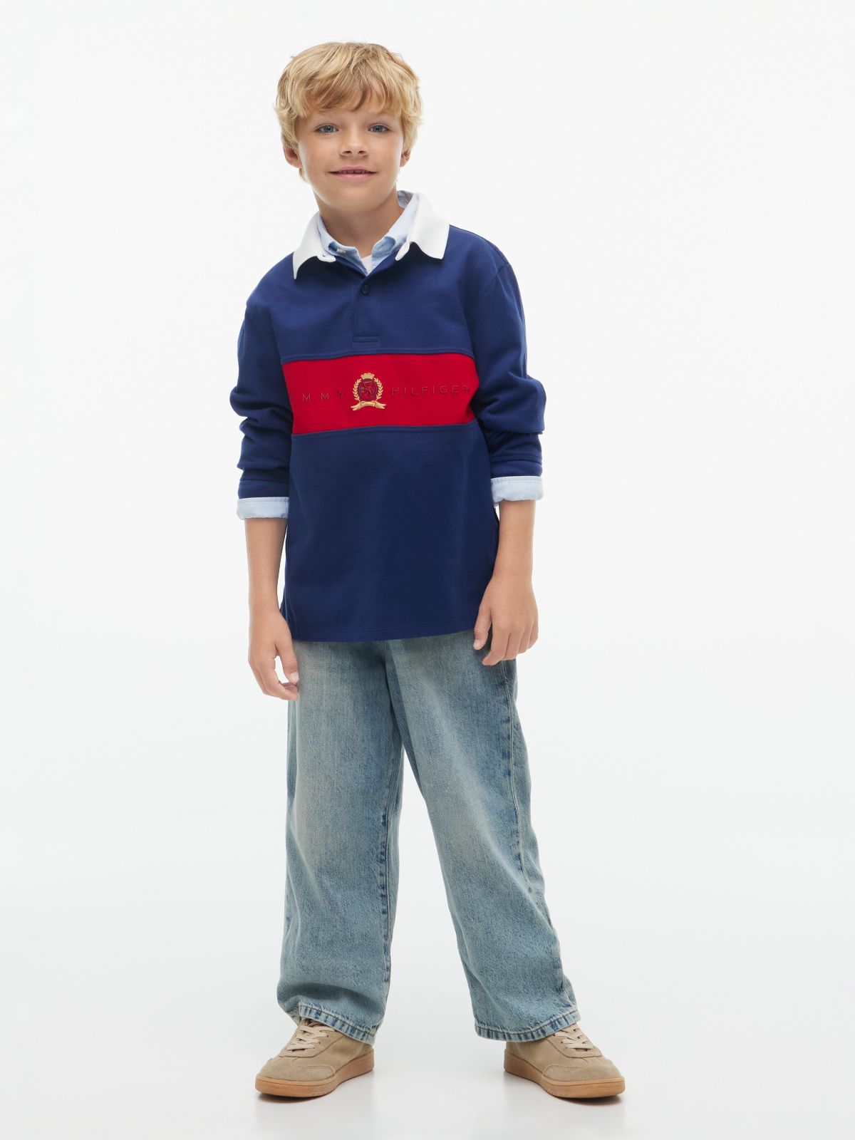 Kids' Crest Logo Block Stripe Rugby Polo — Preppy Navy
