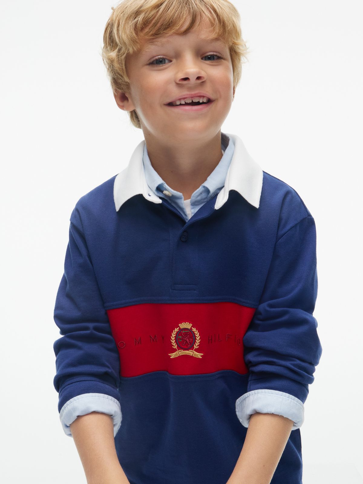 Kids' Crest Logo Block Stripe Rugby Polo — Preppy Navy