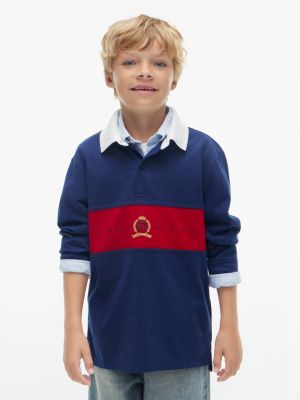 Kids' Crest Logo Block Stripe Rugby Polo, Preppy Navy
