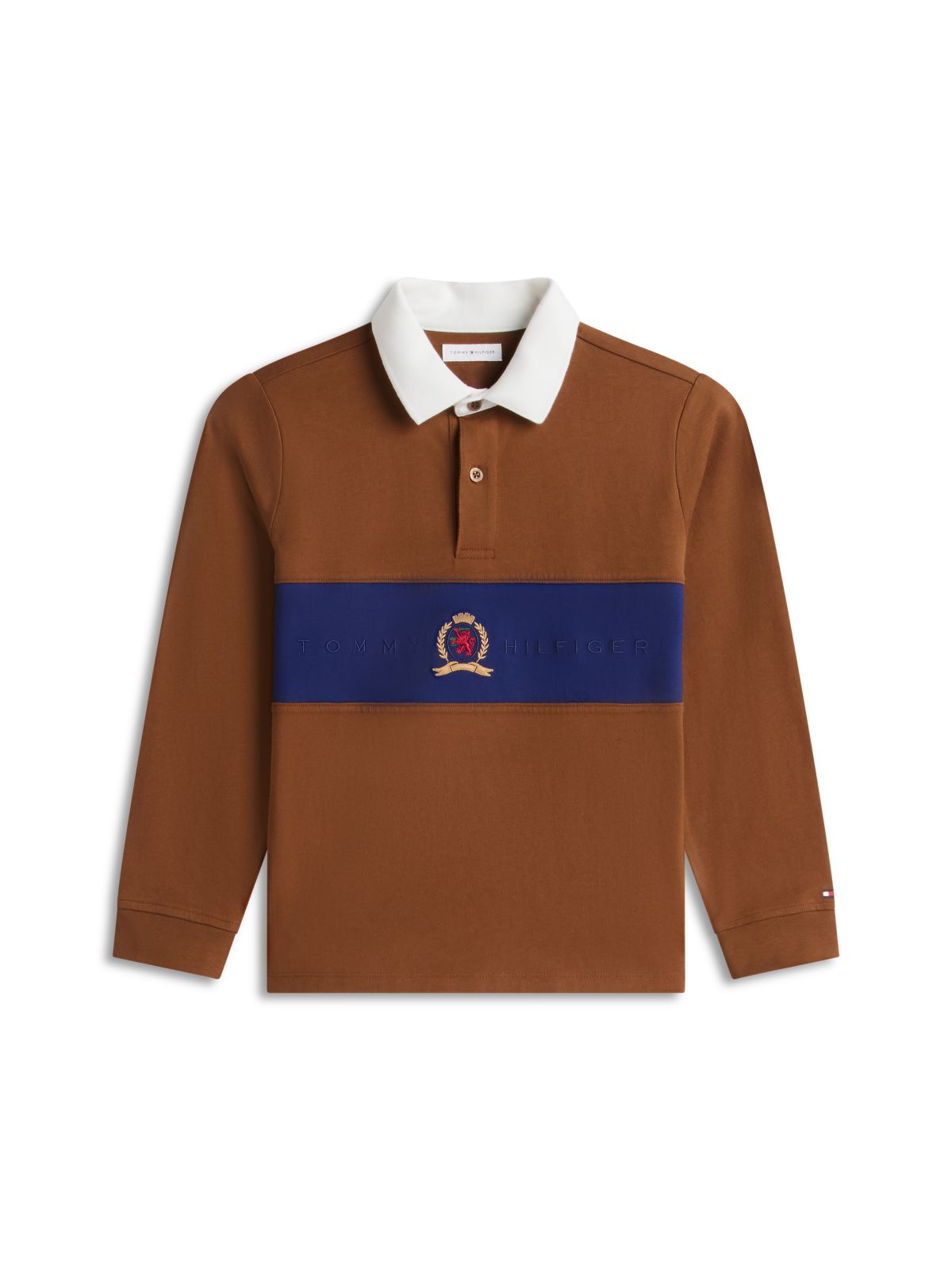 Kids' Crest Logo Block Stripe Rugby Polo — Pecan Nut