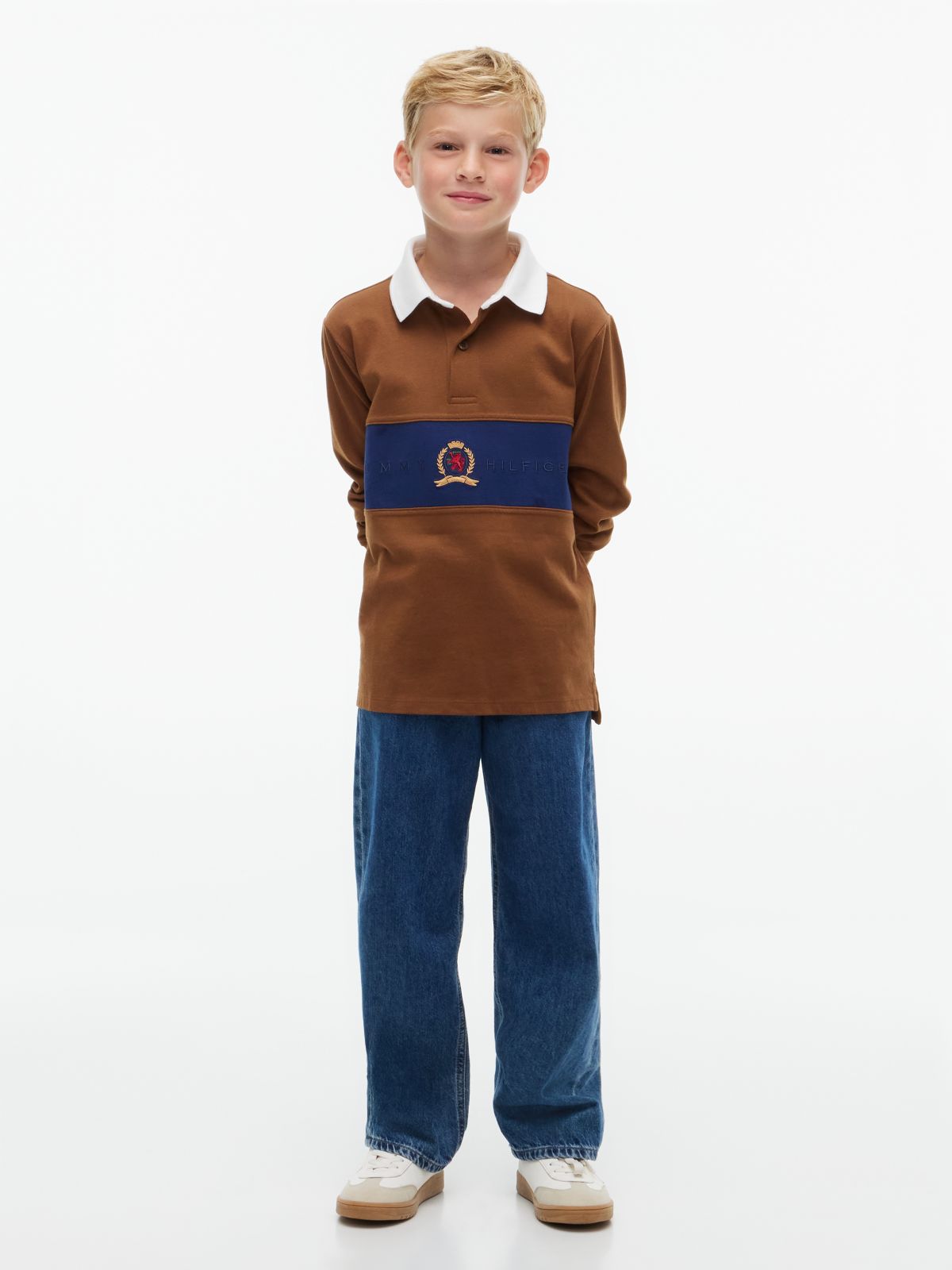 Kids' Crest Logo Block Stripe Rugby Polo — Pecan Nut