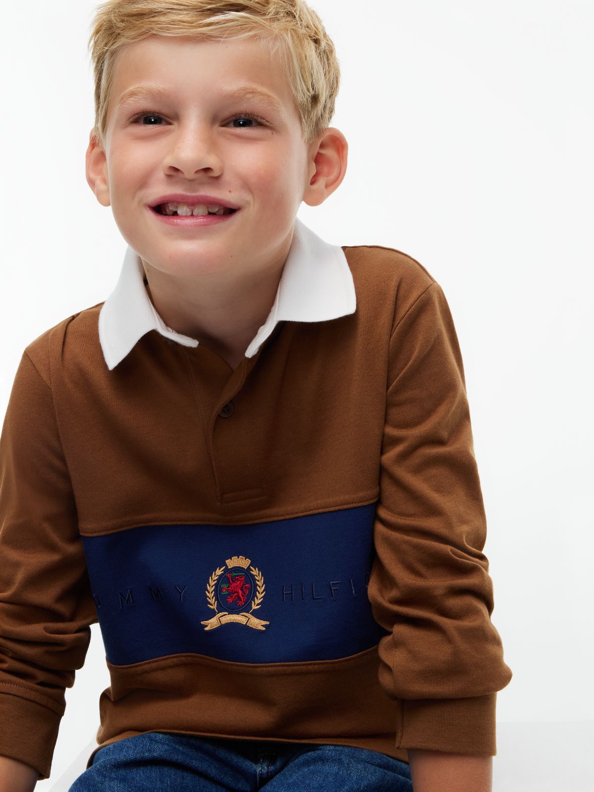 Kids' Crest Logo Block Stripe Rugby Polo — Pecan Nut