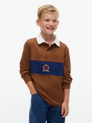 Kids' Crest Logo Block Stripe Rugby Polo, Pecan Nut