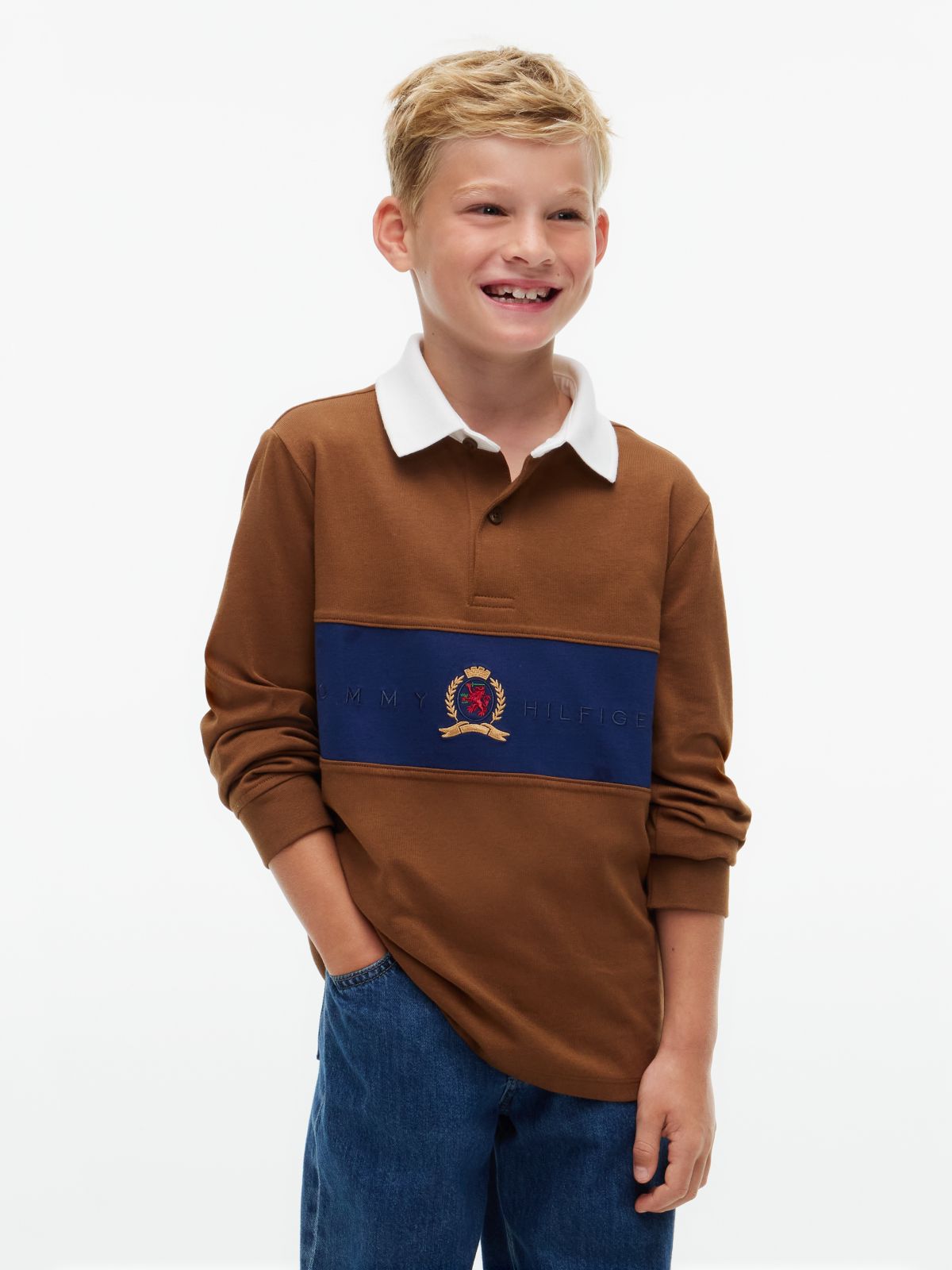 Kids' Crest Logo Block Stripe Rugby Polo — Pecan Nut
