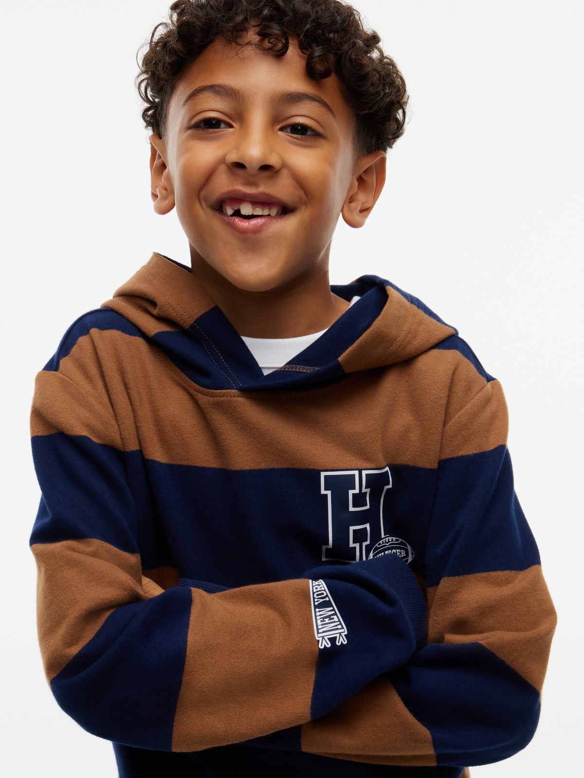 Kids' Football Logo Rugby Stripe Hoodie — Pecan Nut
