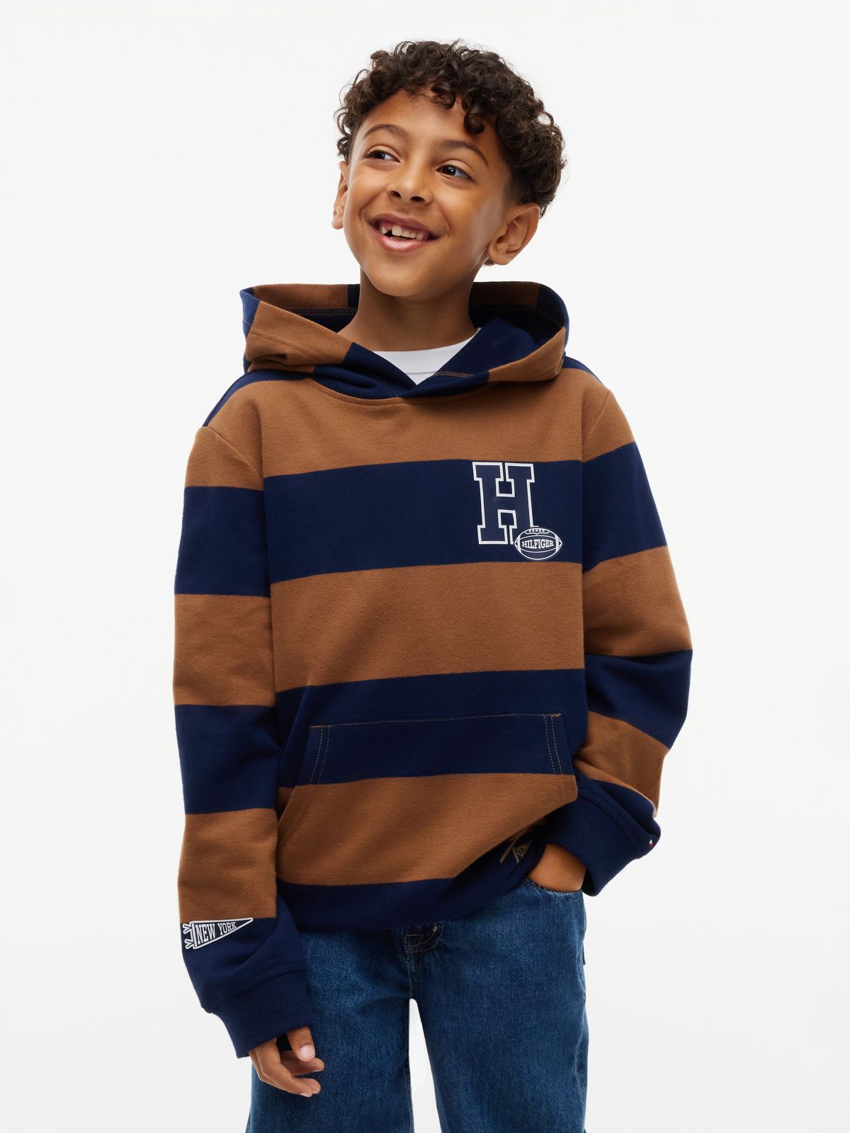 Kids' Football Logo Rugby Stripe Hoodie — Pecan Nut