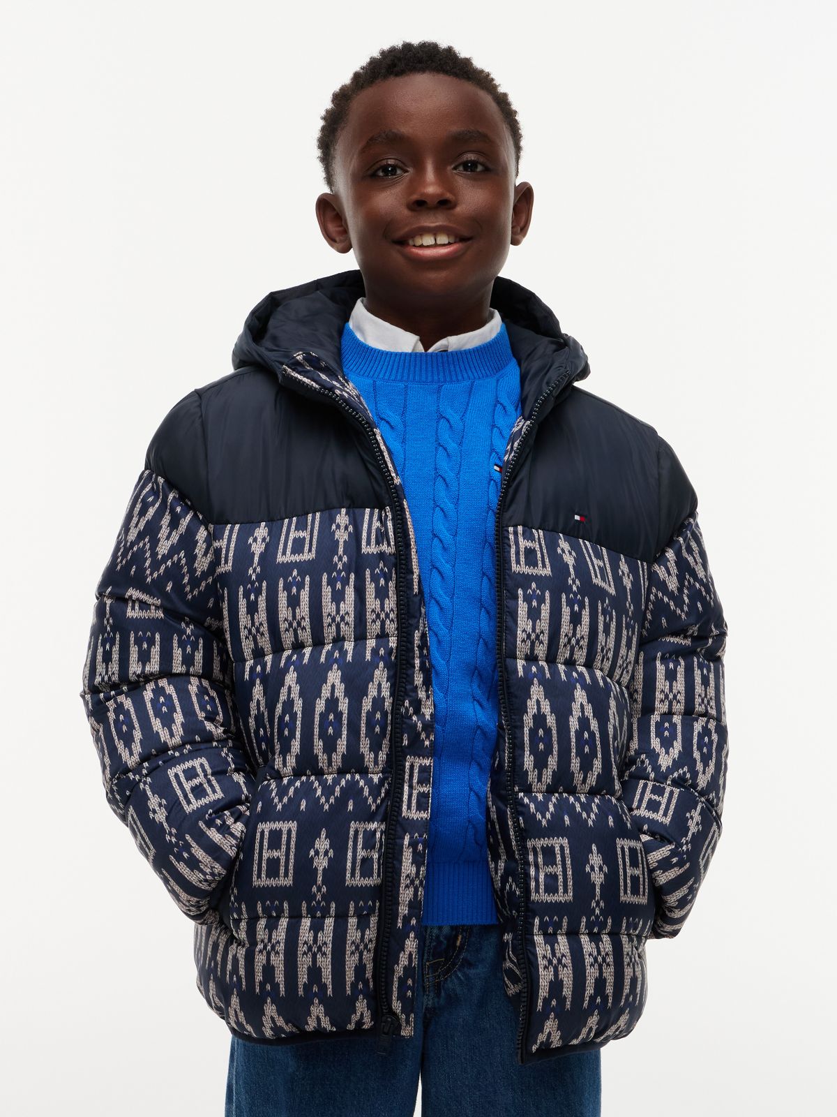 Kids' Water-Repellent Fair Isle Puffer — Navy Blue