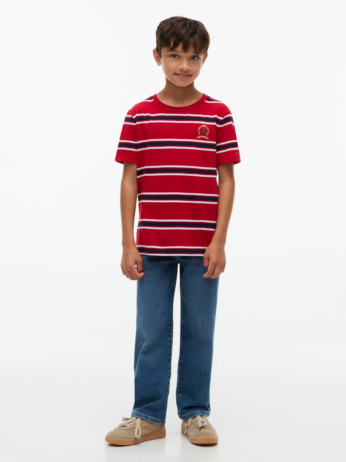 Kids' Crest Logo Striped T-Shirt — Medium Red