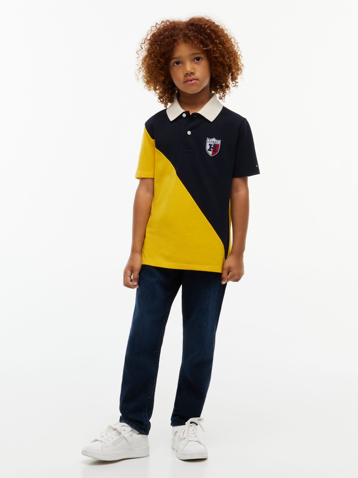 Kids' Crest Logo Colorblock Stretch Polo — Navy Blue