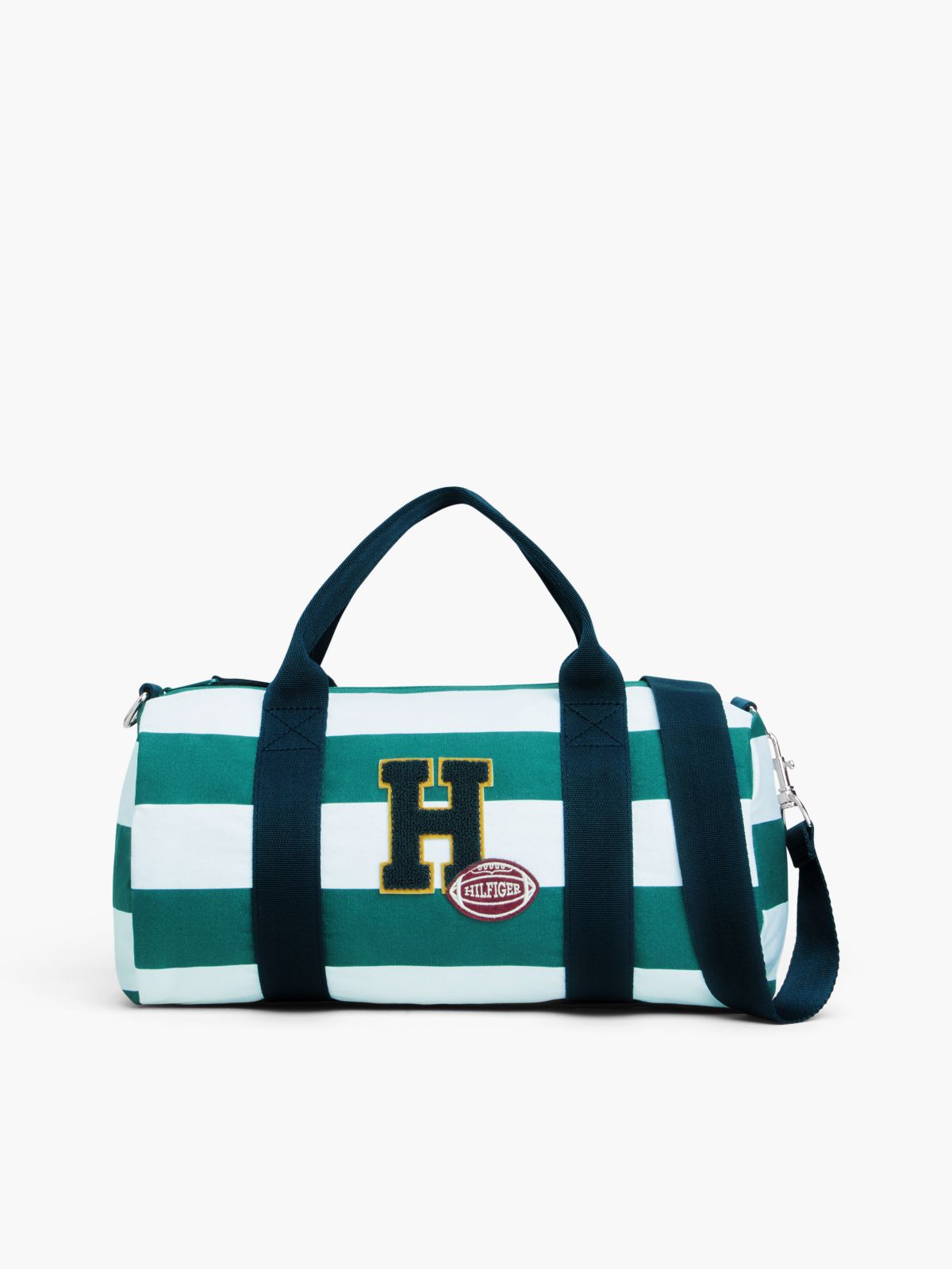 Kids' Football Logo Striped Duffel Bag — Ornamental Green Multi