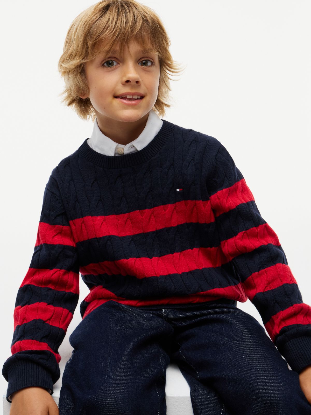 Kids' Striped Cable Knit Sweater — Navy Blue