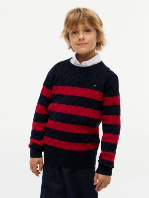 Kids' Striped Cable Knit Sweater, Navy Blue