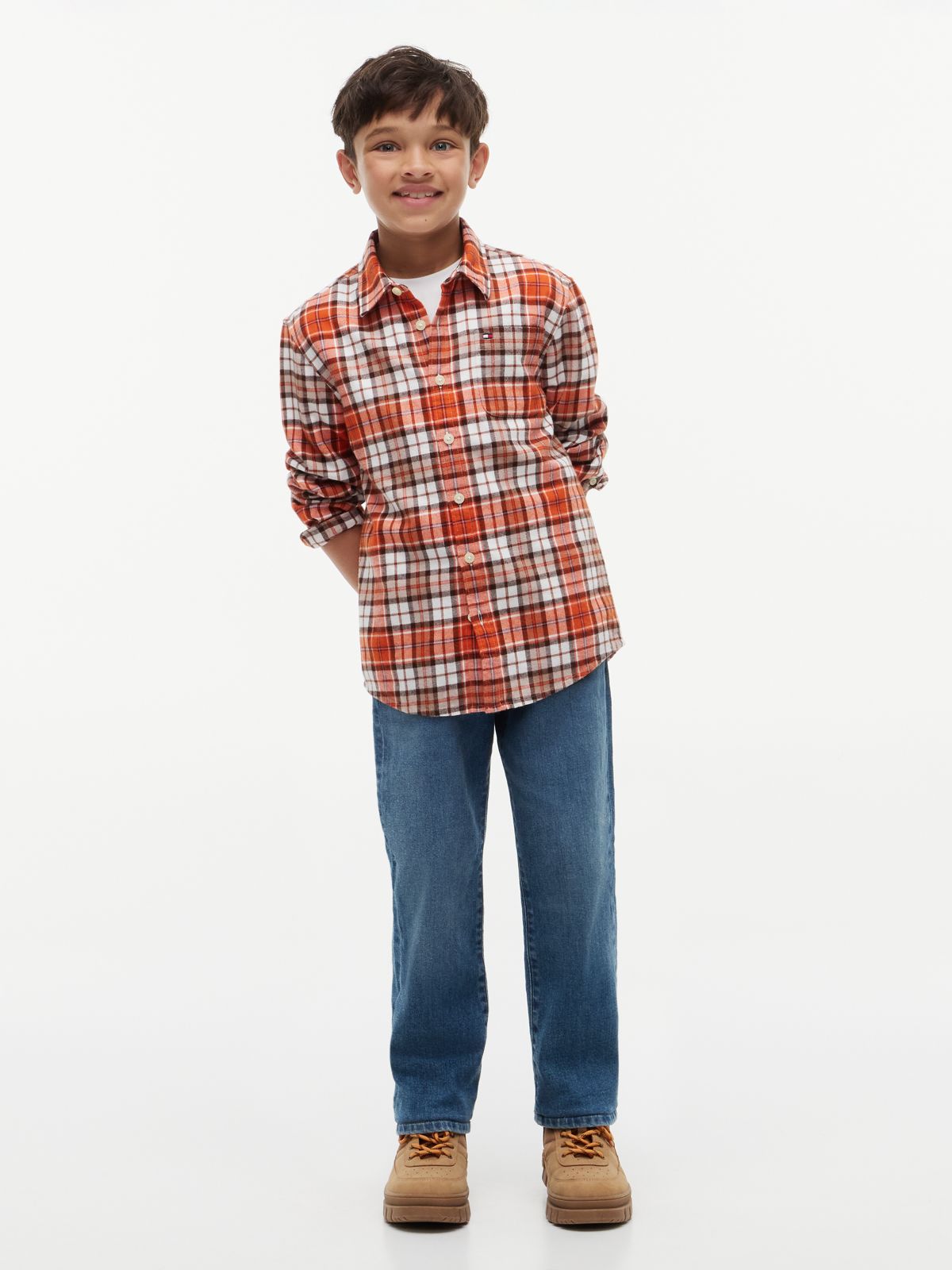 Kids' Plaid Flannel Shirt — Brilliant Orange