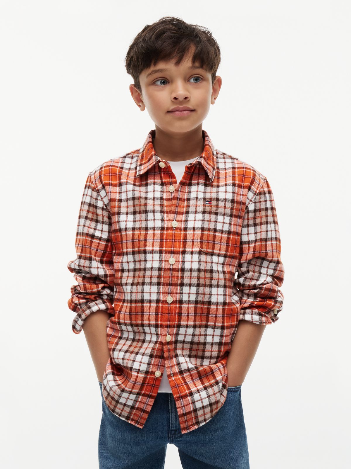 Kids' Plaid Flannel Shirt — Brilliant Orange