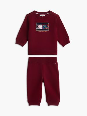 Babies' Plaid Flag Logo Sweatshirt & Pant Set, Burgundy