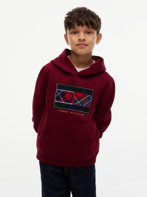 Kids' Plaid Flag Logo Hoodie, Burgundy