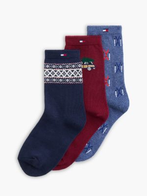 Kids' Festive Trouser Sock 3-Pack, Blue/Red Multi