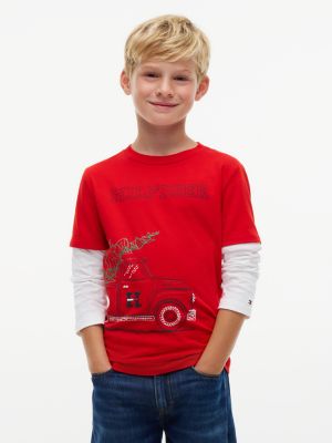 Kids' Layered-Sleeve Tommy Truck T-Shirt, Red