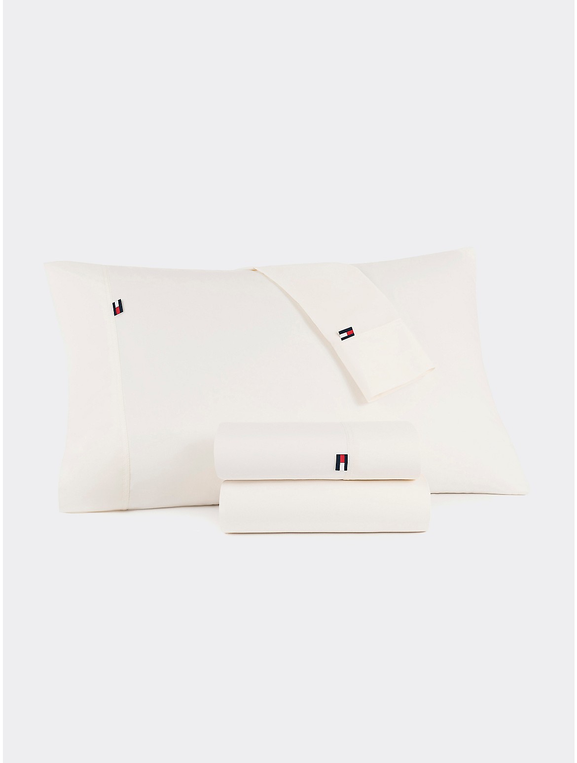 Tommy Hilfiger Signature Solid Light Beige Sheet Set - White - QUEEN