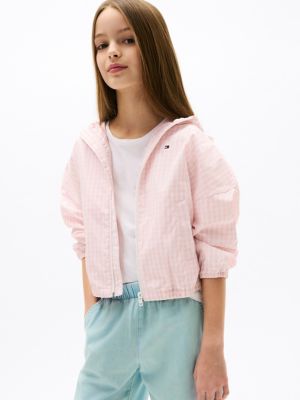 Kids' Hooded Gingham Windbreaker, Whimsy Pink / Ecru