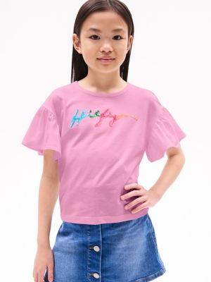 Kids' Flutter-Sleeve Sequin Logo T-Shirt, Classic Pink