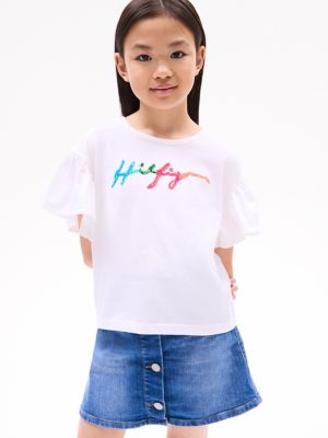 Kids' Flutter-Sleeve Sequin Logo T-Shirt, Optic White