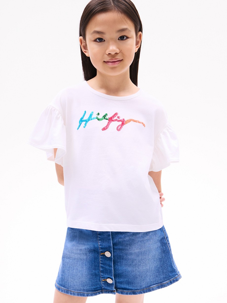 Kids' Flutter-Sleeve Sequin Logo T-Shirt
