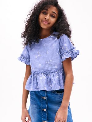 Kids' Floral Print Ruffle Top, Bright Marina
