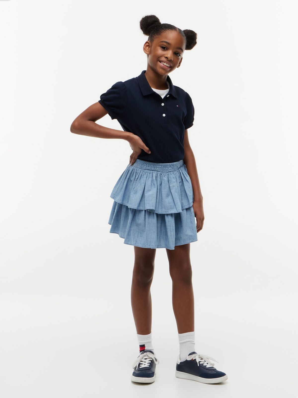 Kids' Puff-Sleeve Stretch Polo — Navy Blue