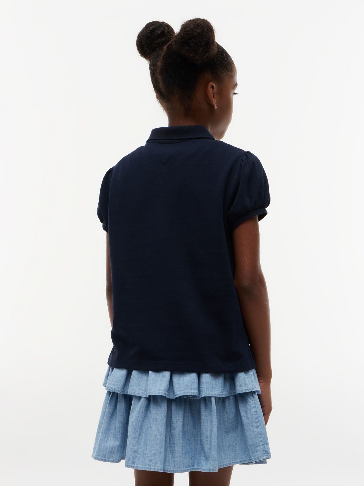 Kids' Puff-Sleeve Stretch Polo — Navy Blue