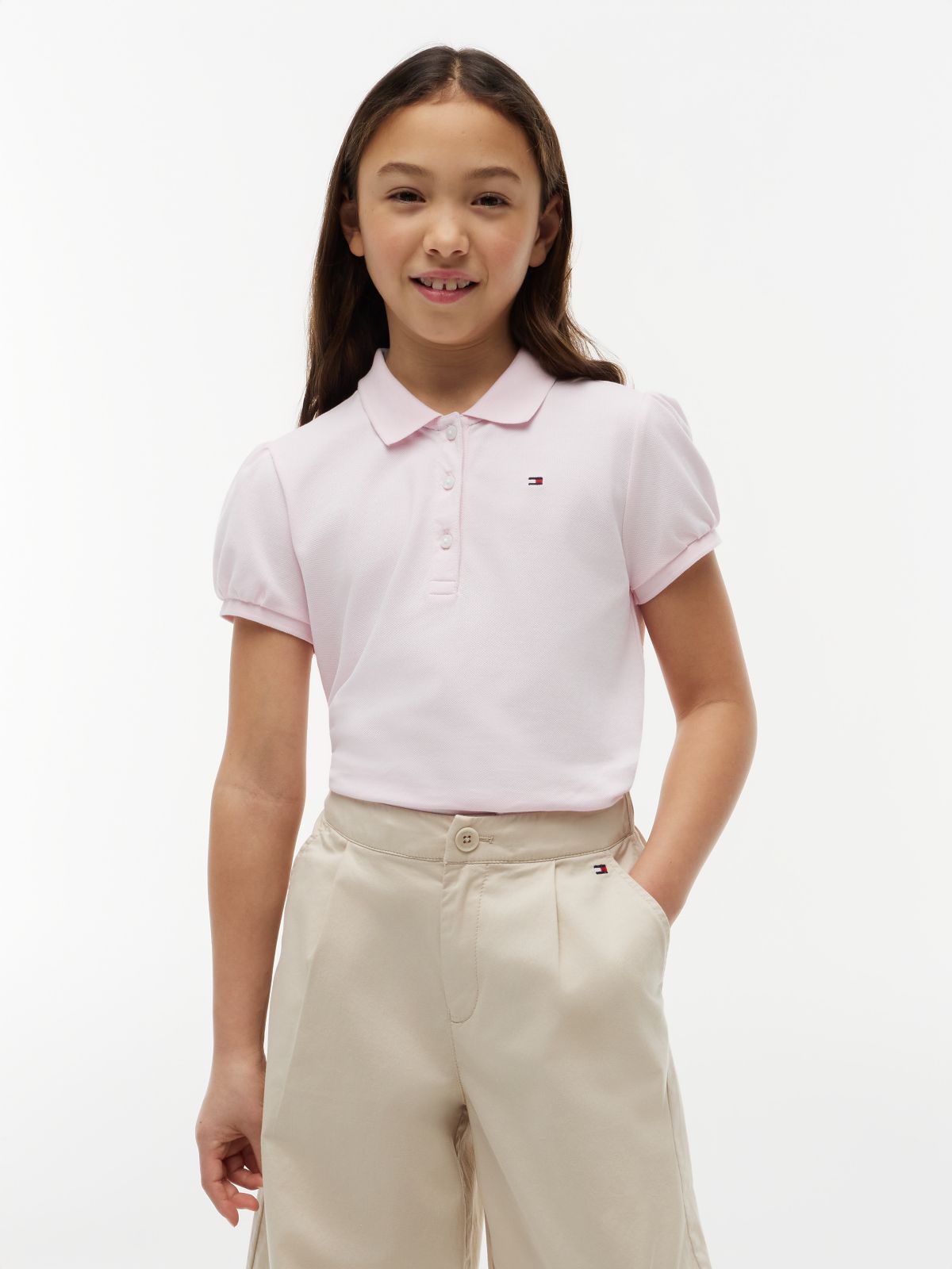 Kids' Puff-Sleeve Stretch Polo — Light Pink
