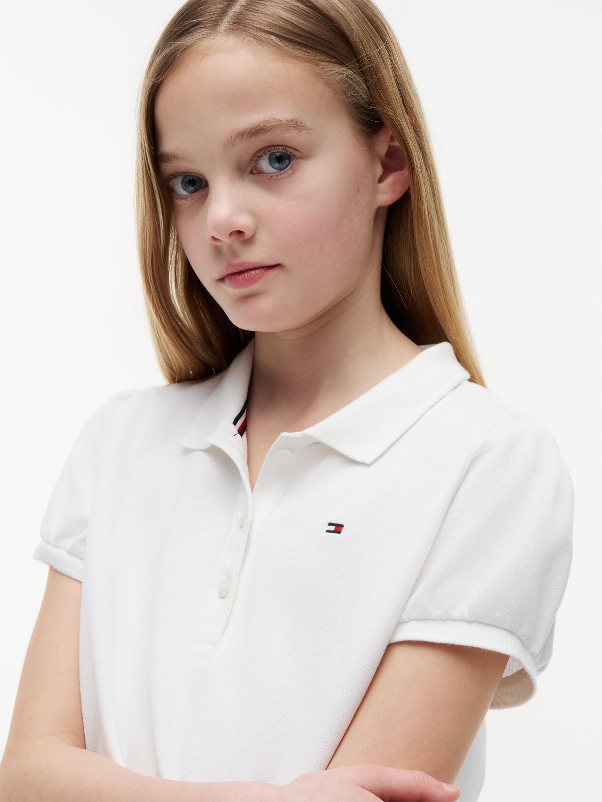 Kids' Puff-Sleeve Stretch Polo — Optic White