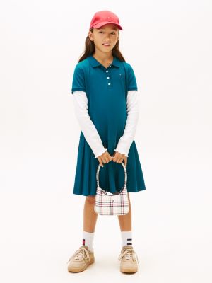 Kids' Pleated Stretch Polo Dress, Midnight Turquoise